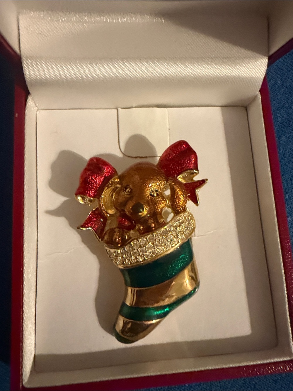 Gold-Tone Puppy in Green & Red Stocking Holiday Brooch